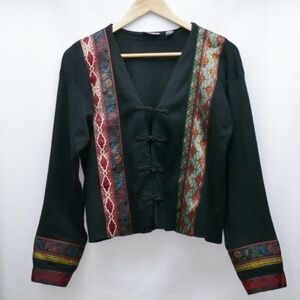 Carole Little Sweater Small Ribbon Black Knit Cardigan Boho